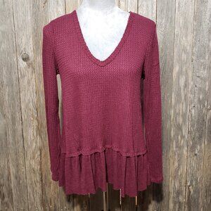 Eri + Ali Anthropologie S Knit Top Burgundy Thermal Peplum Whimsigoth Retro Boho